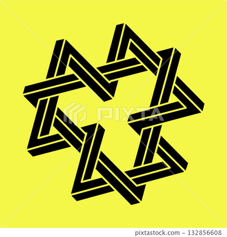 Optical illusion. Impossible shapes. Sacred geometry figure. Abstract eternal geometric object. Optical art. Impossible geometry shape on a yellow background. Escher style. Optical illusion. Impossible shapes. Sacred geometry figure. Abstract eternal geometric object. Optical art. Impossible geometry shape on a yellow background. Escher style. 132856608