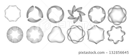 Set of circular halftone dot rings. Concentric motion lines and spiral speed shapes for technology logo, rotation effect, or futuristic vector design. Set of circular halftone dot rings. Concentric motion lines and spiral speed shapes for technology logo, rotation effect, or futuristic vector design. 132856645