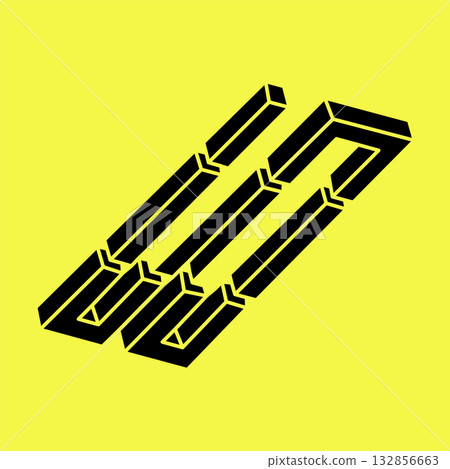 Optical illusion. Impossible shapes. Linear infinite object. Abstract eternal geometric figures. Impossible geometry sign outline, yellow background. Optical art. Optical illusion. Impossible shapes. Linear infinite object. Abstract eternal geometric figures. Impossible geometry sign outline, yellow background. Optical art. 132856663