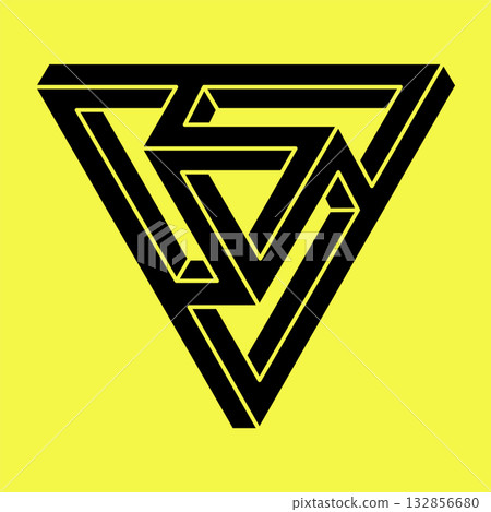 Optical illusion. Sacred geometry. Impossible shapes. Abstract eternal geometric object. Impossible endless outline figure. Optical art. Impossible geometry symbol on a yellow background. Optical illusion. Sacred geometry. Impossible shapes. Abstract eternal geometric object. Impossible endless outline figure. Optical art. Impossible geometry symbol on a yellow background. 132856680