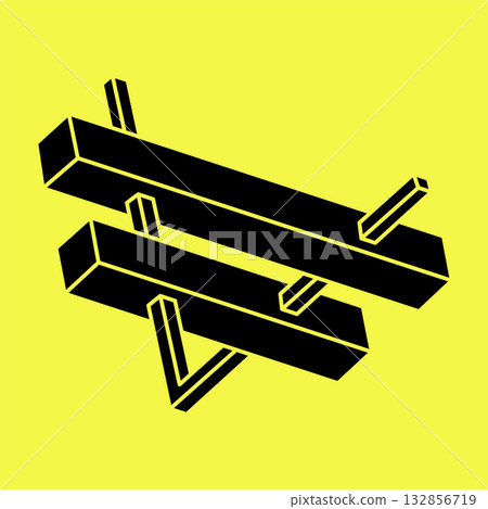 Impossible shapes. Sacred geometry. Optical illusion figure. Abstract eternal geometric object. Impossible endless outline shape. Optical art. Impossible geometry shape on a yellow background. 132856719