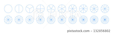 Pie, pizza charts set. Segmented flat blue charts. Many number of sectors divide the circle on from 1 to 20 equal parts. Segments simple infographic icons. Diagram wheel parts pattern. 132856802