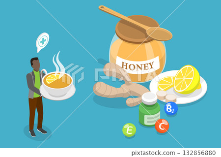 3D Isometric Flat Vector Illustration of Winter Immune Boosters, Happy Man Enjoying Ginger Tea For Good Health 3D Isometric Flat Vector Illustration of Winter Immune Boosters, Happy Man Enjoying Ginger Tea For Good Health 132856880