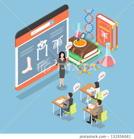 3D Isometric Flat Vector Illustration of People Anatomy Learning, Study Of Human Body Structure. 132856881