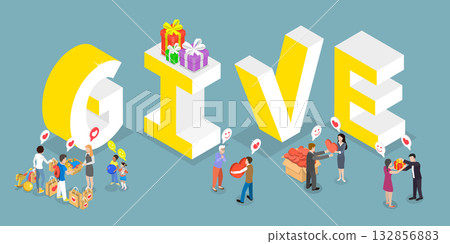 3D Isometric Flat Vector Illustration of Charity, Volunteers and Donations 3D Isometric Flat Vector Illustration of Charity, Volunteers and Donations 132856883