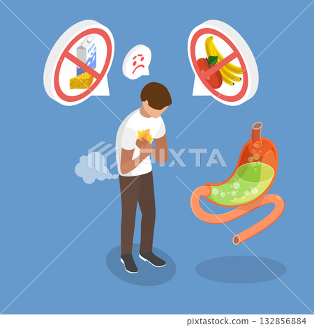 3D Isometric Flat Vector Illustration of Food Intolerance, Individual Suffering Due To Immune Response To Specific Food Protein 132856884
