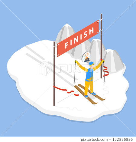 3D Isometric Flat Vector Illustration of Ski Finish, Successful Completion Of A Marathon Race 132856886