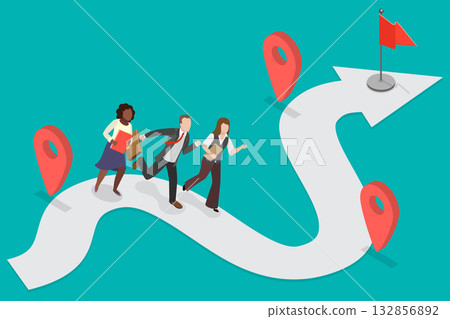 3D Isometric Flat Vector Illustration of Roadmap, Pathway To Success Through Project Planning And Team Progress Tracking 132856892