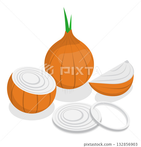 3D Isometric Flat Vector Set of Fresh Sliced Vegetables, Healthy Food. Item 4 132856903