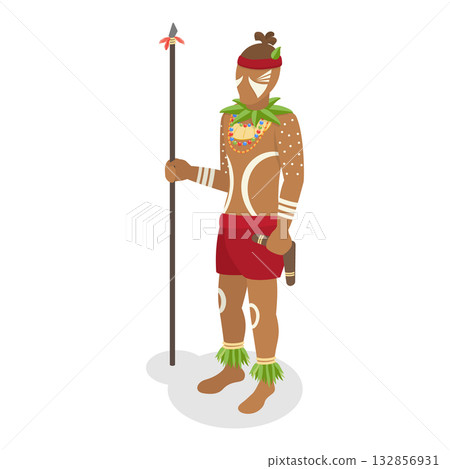 3D Isometric Flat Vector Set of Native Tribal People, Aboriginal Men. Item 5 3D Isometric Flat Vector Set of Native Tribal People, Aboriginal Men. Item 5 132856931