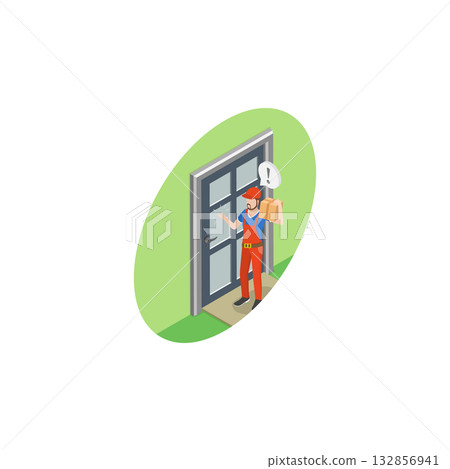 3D Isometric Flat Vector Illustration of Characters Knocking On Door, Entrance to Apartment or Office. Item 3 132856941