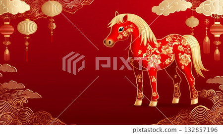Vibrant red horse illustration adorned with floral patterns for Chinese New Year celebration background 132857196