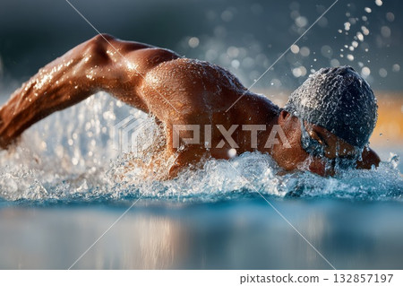 Male swimmer performing freestyle stroke in a pool, showcasing strength and determination in water 132857197