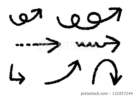 A set of hand-drawn black arrow illustrations, sketch-style curves, wavy lines, spirals, and other design elements that indicate various directions 132857244