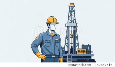 An oil rig worker in a hard hat stands before a drilling derrick. This flat design illustration 132857316