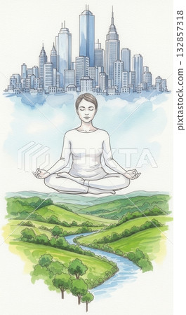 A watercolor illustration of a woman in a lotus pose, finding balance between a busy city and a 132857318