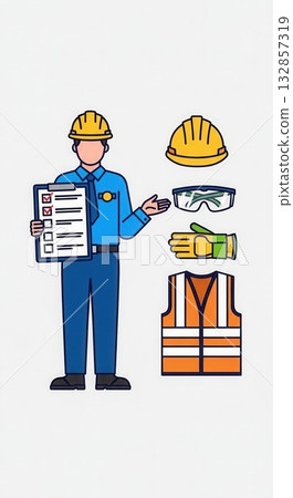 A safety inspector with a checklist presents personal protective equipment (PPE) icons. This flat A safety inspector with a checklist presents personal protective equipment (PPE) icons. This flat 132857319