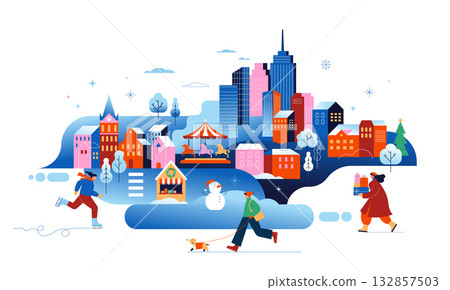 Winter in the city colorful geometric Christmas background. 132857503