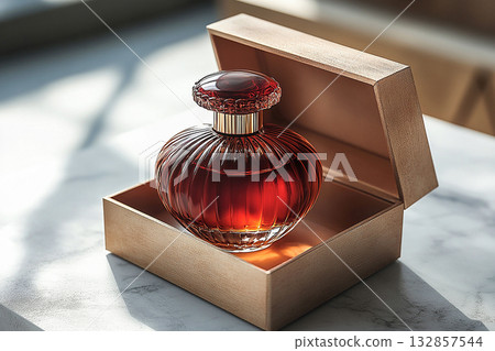 Glass perfume bottle featuring elegant gold detailing. Perfect for high-end perfume marketing. 132857544