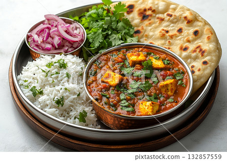 Indian Tiffin lunch box. Traditional Indian stainless steel tiffin with rice, dal, paneer curry and naan bread. 132857559