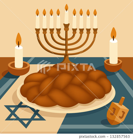 Hanukkah table with braided challah bread surrounded by traditional Hanukkah elements, menorah, candles, wooden dreidel on blue tablecloth. Vector poster 132857563