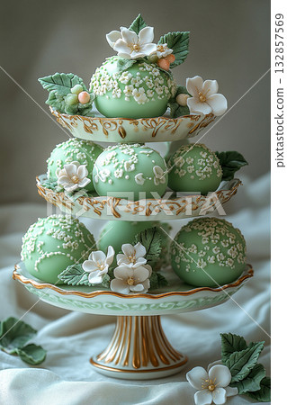 Various cakes in green tones on dessert stand with soft lighting. 132857569