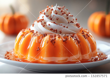 For high-end restaurants. Pumpkin dessert in orange tones on a plate with soft lighting. Preparing for Halloween. Autumn atmosphere. 132857571
