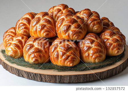 Homemade buns. Christmas buns in the shape of a pine cone in on a wooden trading tray on a white background. Homemade buns. Christmas buns in the shape of a pine cone in on a wooden trading tray on a white background. 132857572