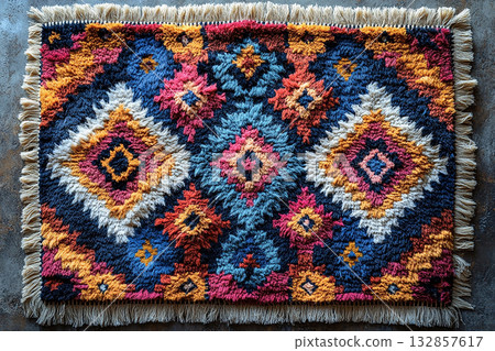Handwoven rug texture with geometric print on a white background. Top view. 132857617