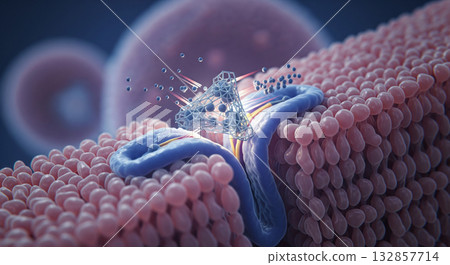 Crystalline structures of an antibiotic interact with a bacterial colony, illustrating how the drug inhibits bacterial growth and divides the cells effectively. 132857714