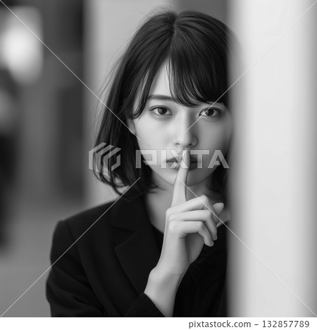 Smiling woman making a secret gesture | Visuals conveying secrets, silence, and secrecy 132857789