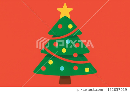 Green Christmas Tree Illustration on Red Background Green Christmas Tree Illustration on Red Background 132857919