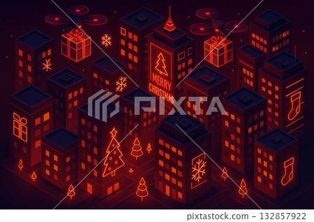 Isometric Illustration of Evening Christmas City Isometric Illustration of Evening Christmas City 132857922