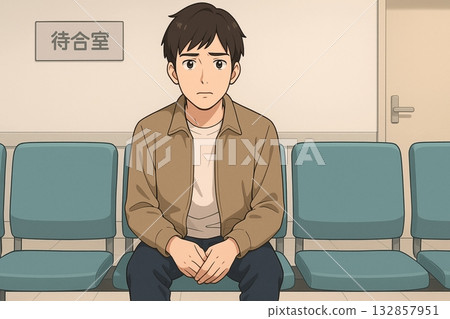 A young man sitting anxiously in a waiting room 132857951