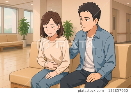 一名男子在醫院候診室攙扶著一位生病的女子。 132857960