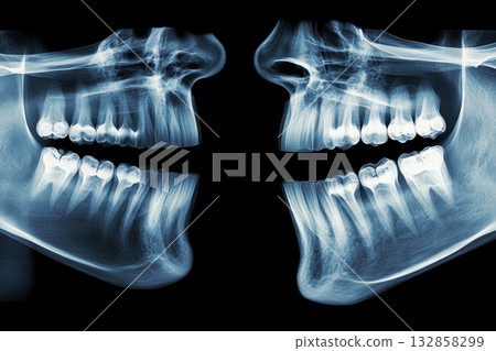 A dental x-ray image showing a wisdom tooth impaction A dental x-ray image showing a wisdom tooth impaction 132858299