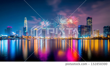 Spectacular fireworks display over a vibrant city skyline reflected in the water, creating a festive and colorful atmosphere. Spectacular fireworks display over a vibrant city skyline reflected in the water, creating a festive and colorful atmosphere. 132858300