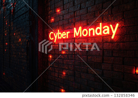 Cyber Monday text Illuminated Sign on brick wall. 132858346