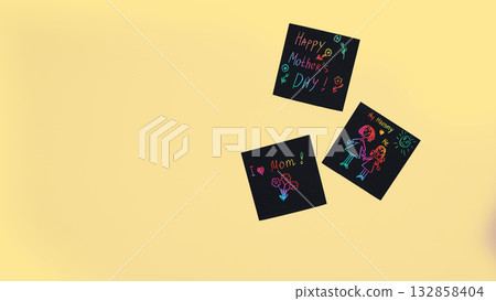 banner children's multi-colored drawings on topic of childhood and motherhood on yellow background 132858404