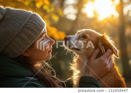 A beautiful young woman is hugging her dog against the backdrop of autumn nature 132858447