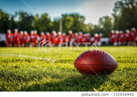 Close up of American Football on Field and blur American Football Players background. 132858448