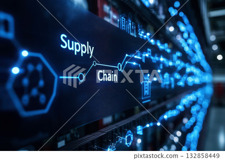 Supply Chain Management - SCM concept banner with icons and a description of them. Aspects of Modern Company Logistics Processes. Business Challenges Design. Supply Chain Management - SCM illustration 132858449