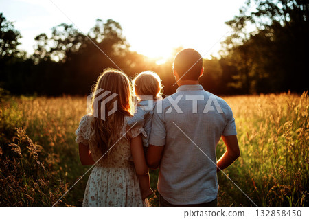 Happy family walking in fields at sunset in nature 132858450