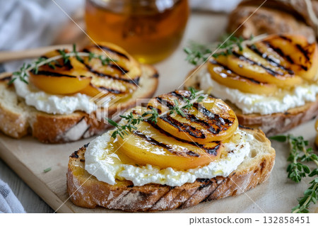 Peach prosciutto bruschetta with mozzarella, basil. Delicious appetizer for wine. Clean eating, dieting, vegan food concept. top view 132858451