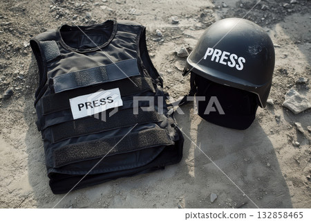 a press vest and a helmet with the inscription PRESS . 132858465