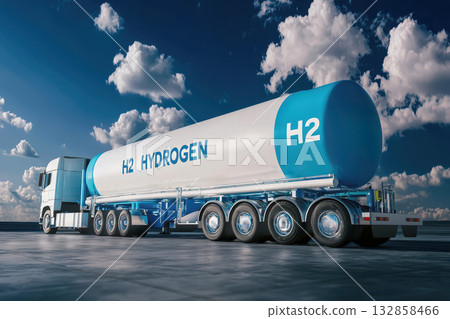 A hydrogen fuel truck transportation, representing renewable energy and sustainable fuel sources in a modern landscape. 132858466