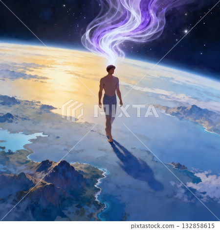 A man walking the earth under the watchful eye of a higher being. Spiritual illustration 132858615