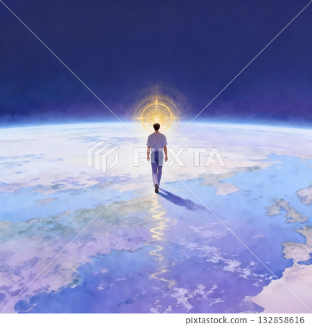 A man walking on the earth, guided by light. Spiritual illustration. 132858616