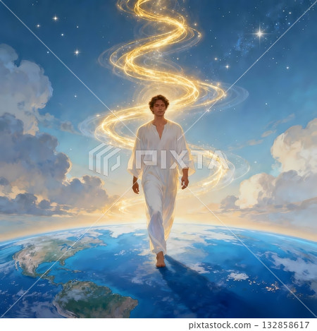 A man walking on Earth protected by his higher self - Spiritual illustration 132858617