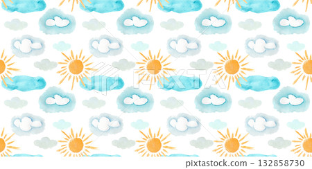 Cute watercolor weather clouds elements pattern Cute watercolor weather clouds elements pattern 132858730